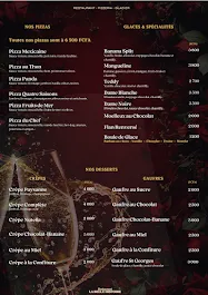 Page du menu avec les pizzas, spécialités et desserts