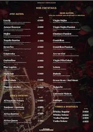 Page du menu avec les cocktails et spiritueux